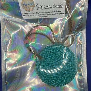 3” round teal leather and lace scented car candle